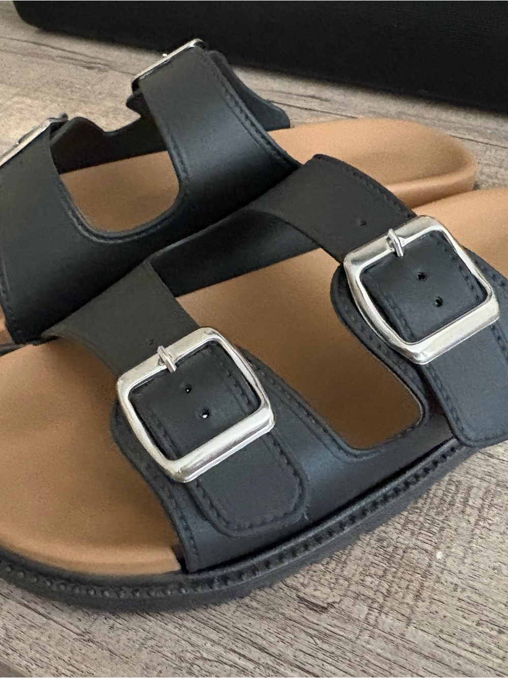 Black Double-Buckle Slide Sandals